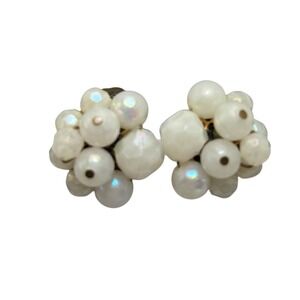 Vintage 50s MCM Western Germany Faux Pearl Cluster Clip Earrings AB Iridescent